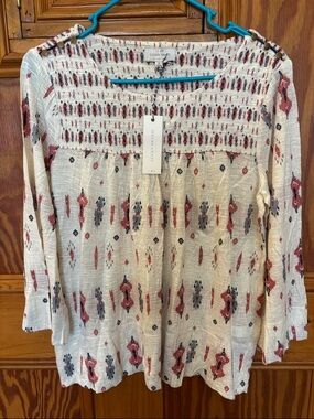 Lucky Brand Cream Boho Printed Peasant Top with Red & Gray Motif